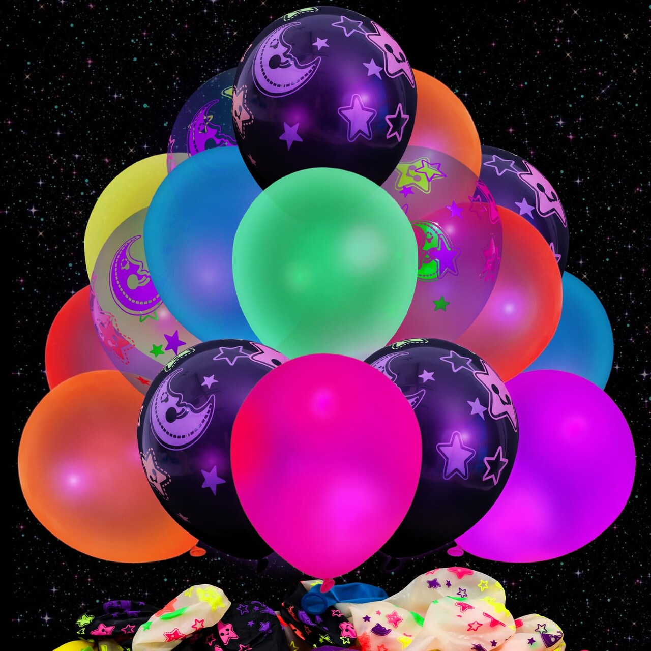 66PCS Glow Balloons Assorted, 12"" UV Neon Party Latex Balloons Moon Stars Fluorescent Balloons for Birthday Wedding Glow Party Supplies, Medium